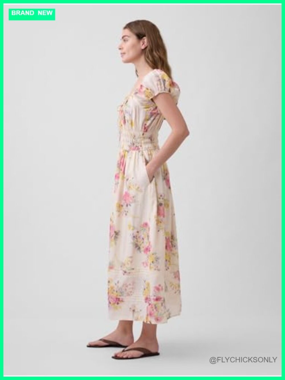 Short Sleeve Smocked Midi Dress A-Line Crew Neck Casual - Picture 2 of 4